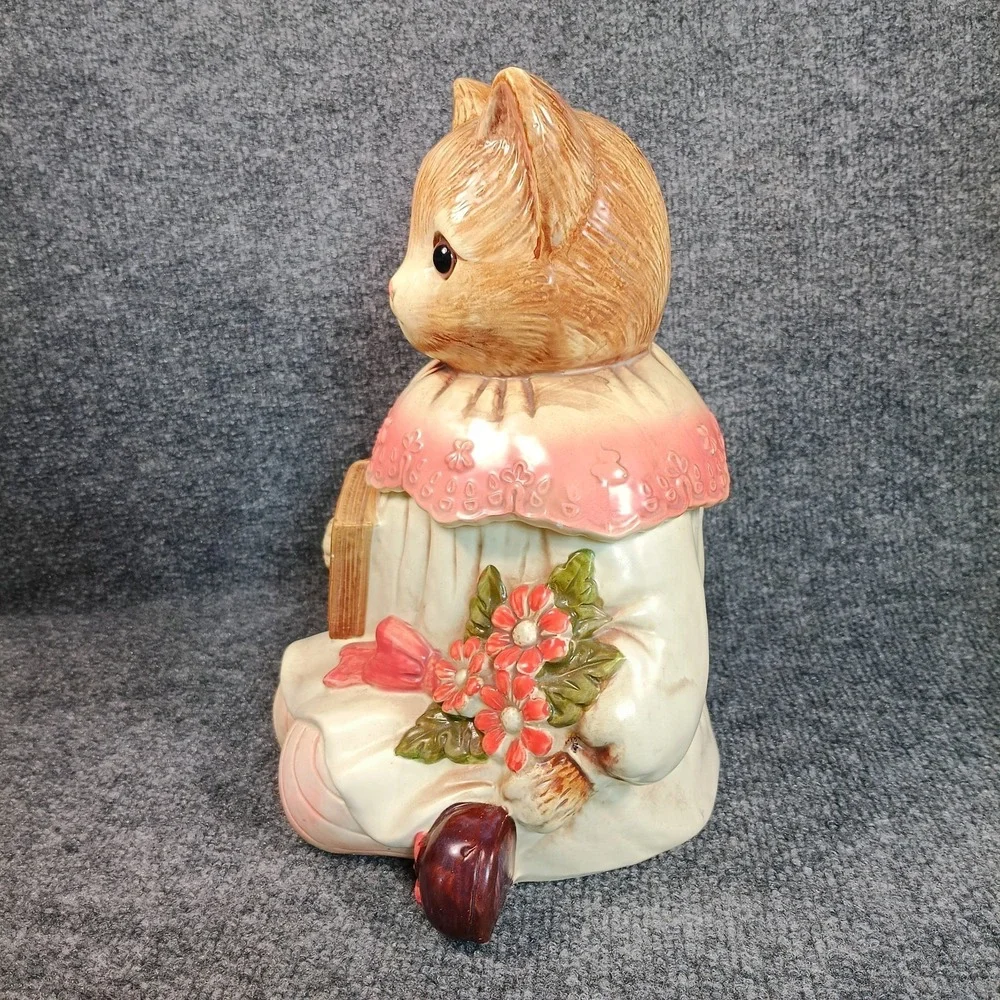 Vintage Cat Cookie Jar Japan Anthropomorphic Ceramic Kitten Pink Book Floral